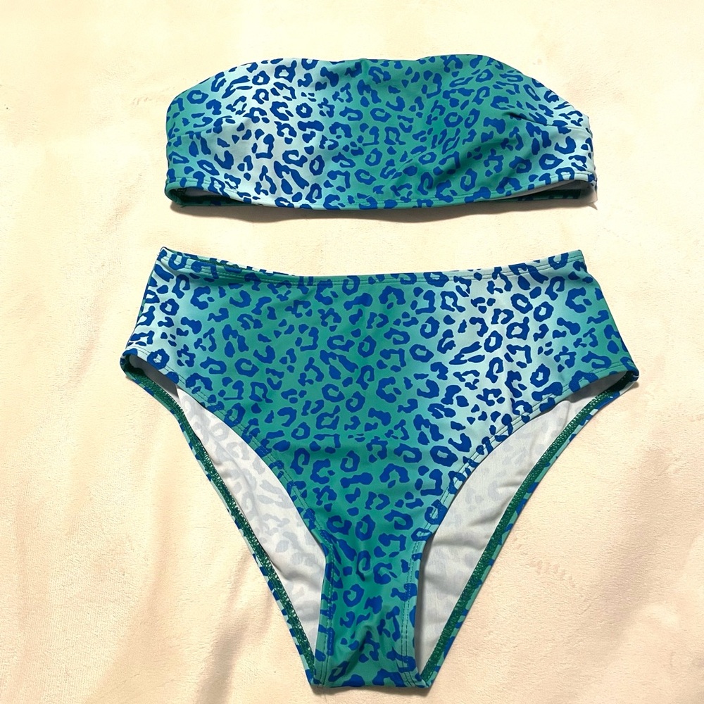 Blue and Green Leopard Print Bikini Set, size L